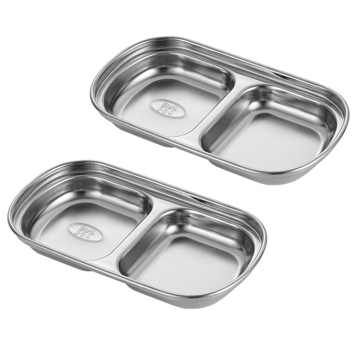2 db rozsdamentes acél tálkészlet, két rekesszel, ezüst színben, 15.5x8.2x2.2cm és 14x8.5x2.5cm