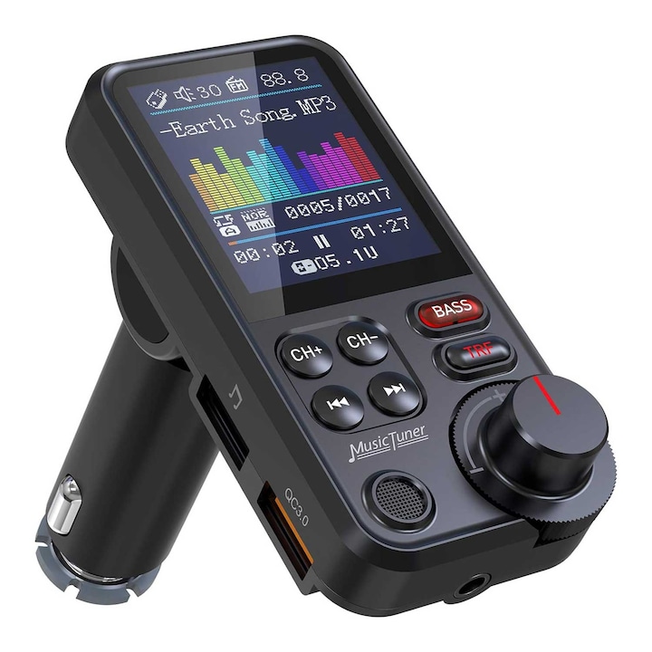Bluetooth 5.0 автомобилен FM модулатор, USB QC 3.0, FM трансмитер с функция за зарядно за кола, дисплей за напрежение на батерията, USB, четец на Micro SD карти, LED дисплей, OUYLAF, черен
