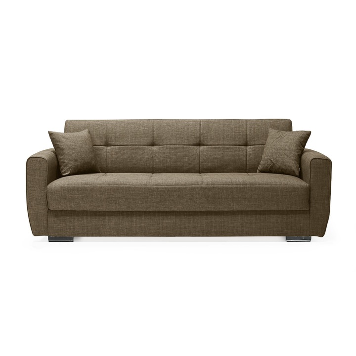 Canapea SIDEF Bej, 3 locuri, extensibila, cu stofa, lada depozitare si 2 perne décor incluse - SDF46