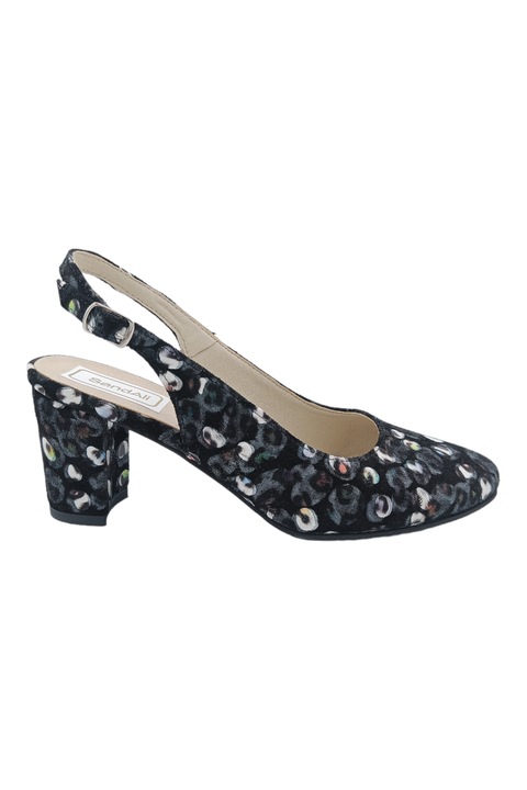 Sandale dama eleganti, piele naturala, toc gros, imprimeu paun, negru, Negru