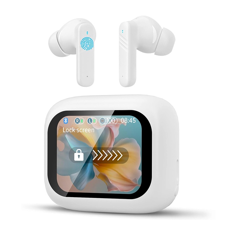 Безжични слушалки Chucai със сензорен екран, за ухо, Bluetooth 5.4, бели, 24 часа автономност, HD микрофон