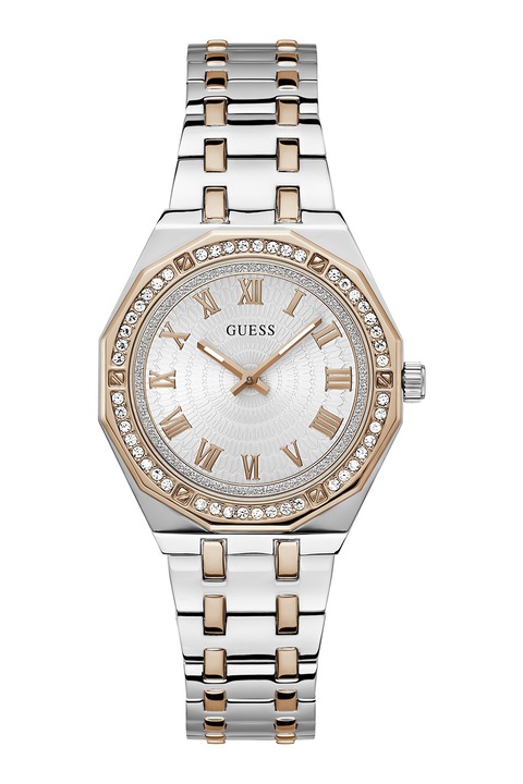 GUESS, Ceas in doua nuante, cu o coroana cu cristale, Auriu rose, Argintiu