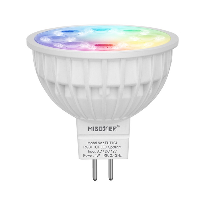 Bec LED Miboxer Mi-Light MR16 4W 12V AC/DC 400lm 100lm/W RGB+CCT LED Spotlight 2700-6500K, 16 milioane de culori, intensitatea luminii ajustabila, control de la distanta 30m 2.4GHz