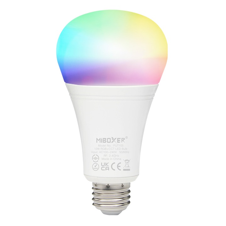 Bec Miboxer Mi-Light E27 12W RGB+CCT 110lm/W 1300lm 140x74mm 16 milioane de culori, temperatura de culoare reglabila, intensitatea luminii ajustabila, control pana la 30 de metri 2.4 GHz