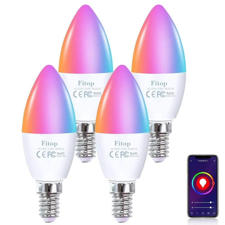 Fitop Alexa Smart Bulbs WiFi LED крушки E14 димируема крушка 4.9W 470Lm + 2700-6500K + RGB 16M цветове Контрол на приложението Съвместим с Alexa/Google Home Voice Control Пакет от 4