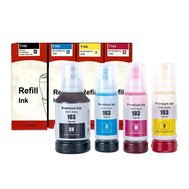 Set 4 flacoane de cerneala ET-101, ET-102, ET-103, ET-104, ET-105, ET-106, negru - 130 ml, culorile - 70 ml, 14000 pagini