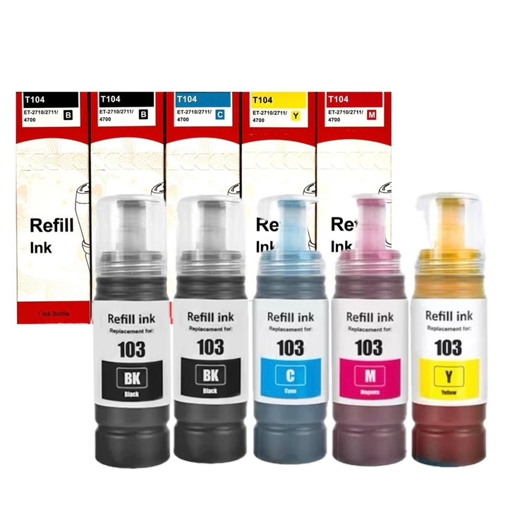 Set 5 flacoane de cereala ET-101/ ET-102 / ET-103 / ET-104 / ET-105 / ET-106, 70 ml, compatibil cu Epson EcoTank