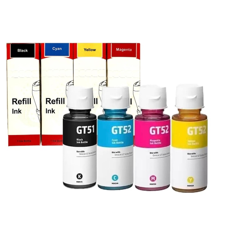 4 darab kompatibilis tintapalack készlet GT-51 GT-52 GT51 GT52, fekete, cián, sárga, magenta, 90 ml / 70 ml, HP GT5810 GT5820 HP SMART TANK 7605 nyomtatókhoz