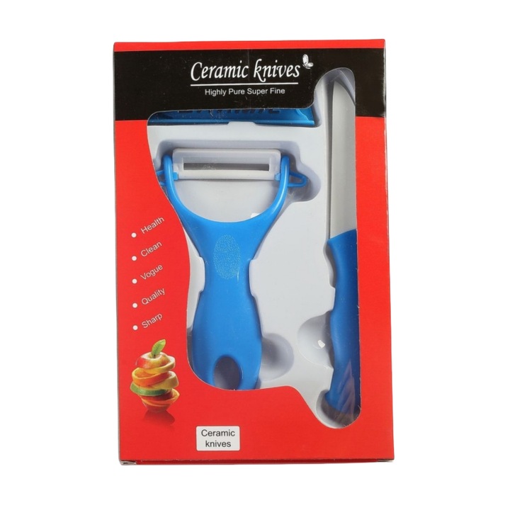 Set 2 Curatator si Cutit pentru curatare Legume si Fructe, Lame Ceramica, Albastru