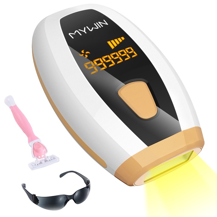 Epilator IPL cu Display LCD CENYEDA, 5 trepte intensitate, Lampa cuart xenon, Senzor detectare piele, Corp si Fata, Mod Automat si Manual, Femei si Barbati, 999.999 pulsatii, Alb