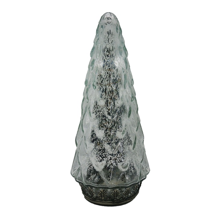 Ezüst üveg karácsonyfa LED-del 11x24 cm