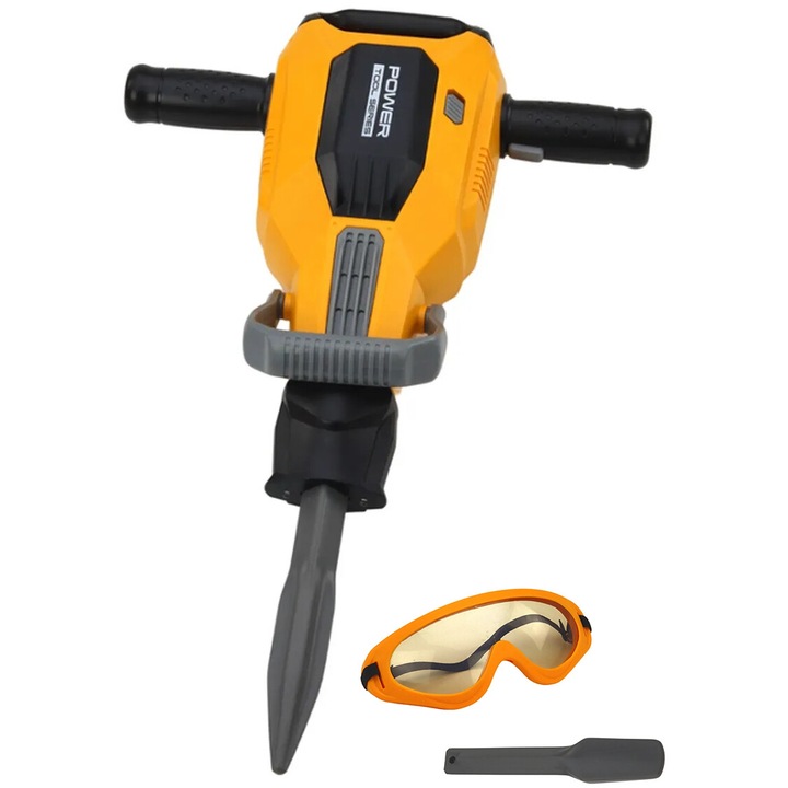 Ciocan electric, picamer de jucarie cu varf interschimbabil si ochelari, plastic durabil, 3 ani+, 40x25x8cm, Galben