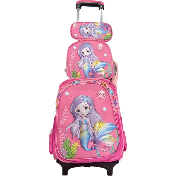 Set Ghiozdan, Geanta pentru Pranz si Penar, Roz, Model Sirena