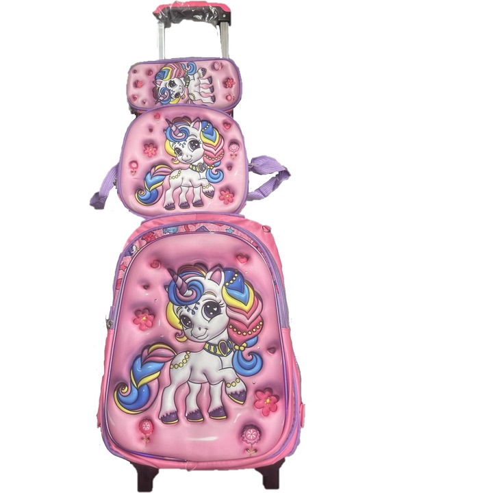 Set Ghiozdan, Geanta pentru Pranz si Penar, Roz - Mov, Model Baby Unicorn