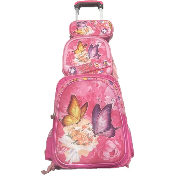 Set Ghiozdan, Geanta pentru Pranz si Penar, Roz, Model cu Fluturi