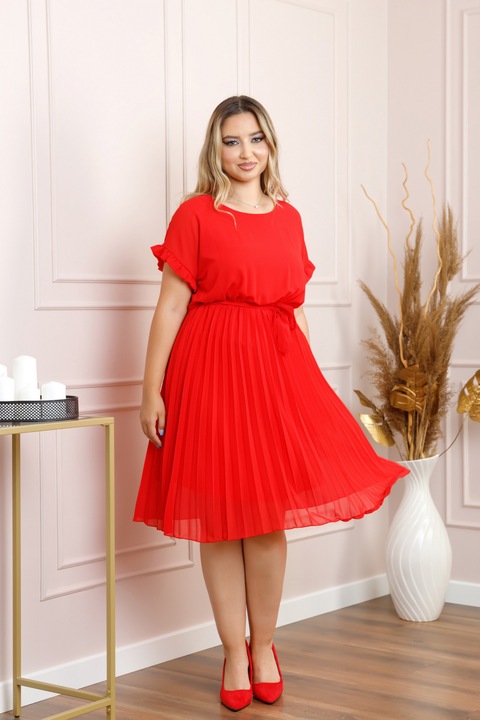 Rochie plisata rosie cu cordon in talie, Rosu, One Size