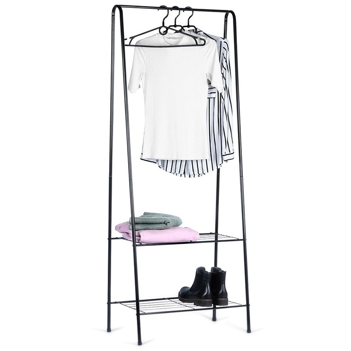 Vilde Loft ruhaállvány, Kiváló minőségű fém két polc, otthoni és irodai használatra, 60 x 35 x 153 cm, fekete