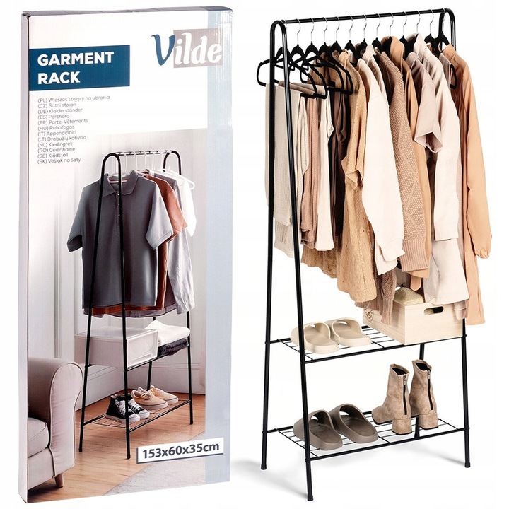 Suport Pentru Haine, Vilde, 60x35x153 cm, Metalic, Doua Rafturi Pentru Depozitare, Practic In Orice Camera, Usor De Asamblat, Calitate Inalta A Materialelor, Negru