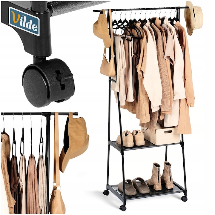 Suport Pentru Haine, Vilde, 88x44x160 cm, Structura Metalica, Doua Rafturi, Pe Roti, Practic In Orice Camera, Calitate Inalta A Materialelor, Negru