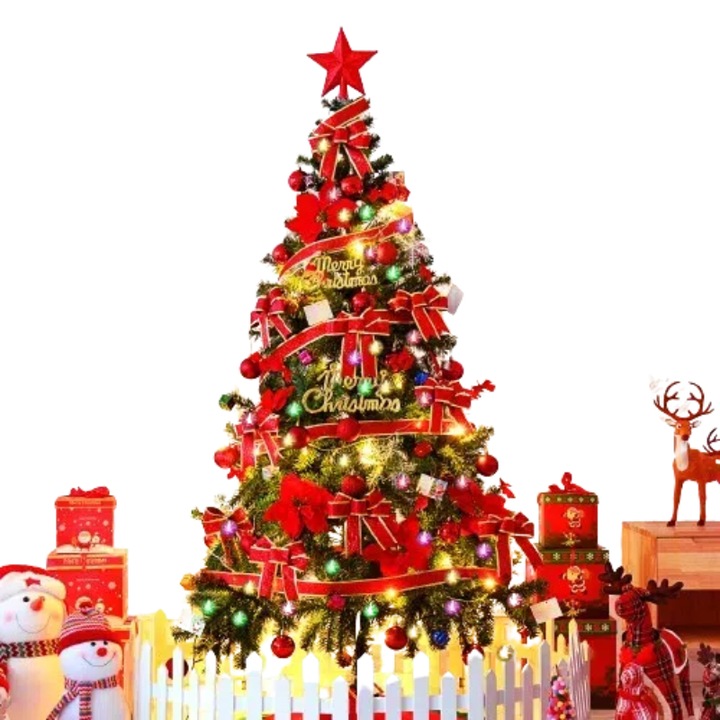 Set Brad Artificial de Craciun, Ignifug, Frunze Ingrosate, LED, Rosu, 180cm