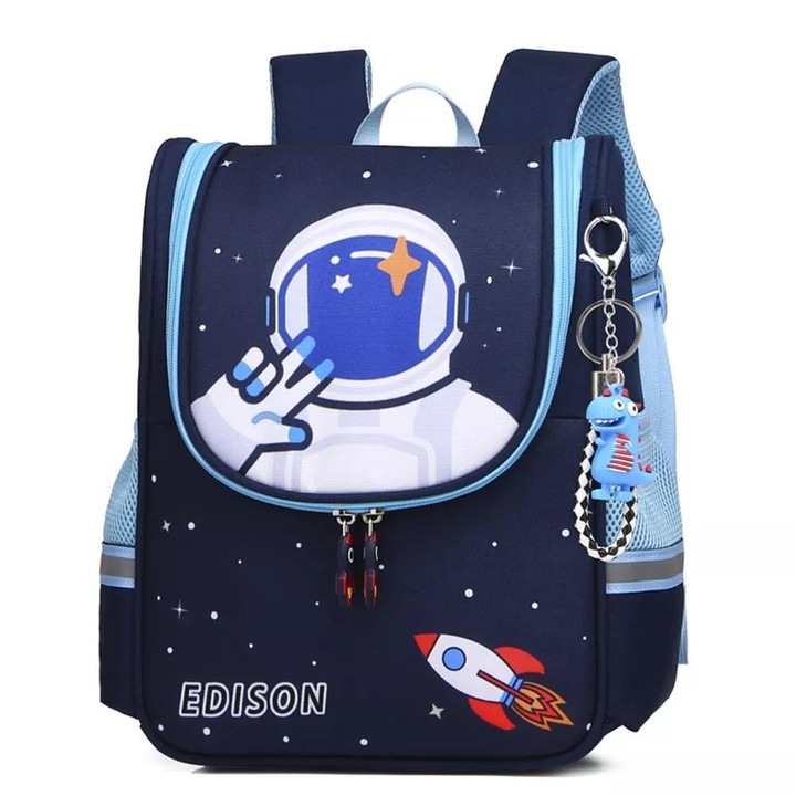 Ghiozdan Scoala, Edison, Cosmonaut, Capacitate, Buzunare Laterale, Elemente Reflective, 30 x 25 x 12 cm, Albastru Inchis