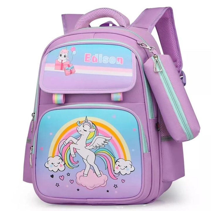 Ghiozdan Scoala, Edison, Unicorn, Buzunare Laterale, Curele Ergonomice, Elemente Reflectorizante, 44 x 32 x 23 cm, Violet/Multicolor