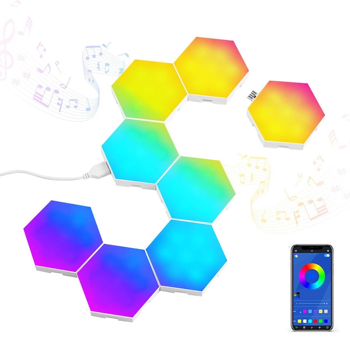 Set of 8 modular RGB hexagonal wall lamps, LyndNice, app control ...