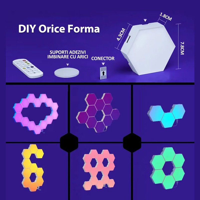 Set of 8 modular RGB hexagonal wall lamps, LyndNice, app control ...