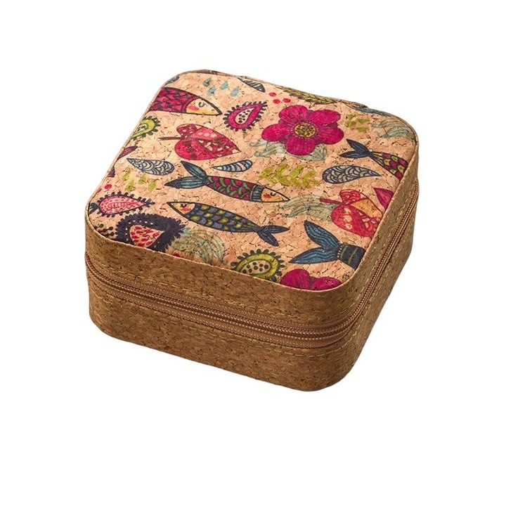 Cutie bijuterii portabila, material pluta, compartimente multiple