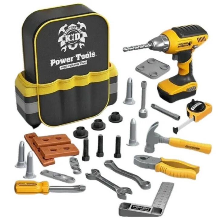 Set de scule si unelte cu ghiozdan pentru copii, 28 piese, plastic durabil, 3 ani+, 30x20x10 cm, Multicolor
