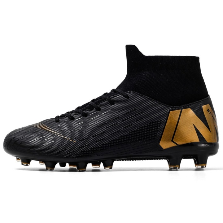 Ghete de fotbal cu crampoane pentru barbati, pentru terenuri de fotbal si alte sporturi in aer liber, material sintetic, Negru