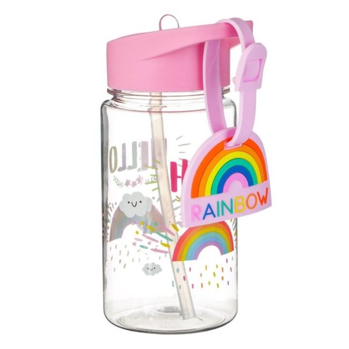 Sticla de apa copii cu pai, MicoStore®, Roz, Rainbow cu Eticheta Curcubeu, 440 ml, Pop Up, pentru scoala si gradinita