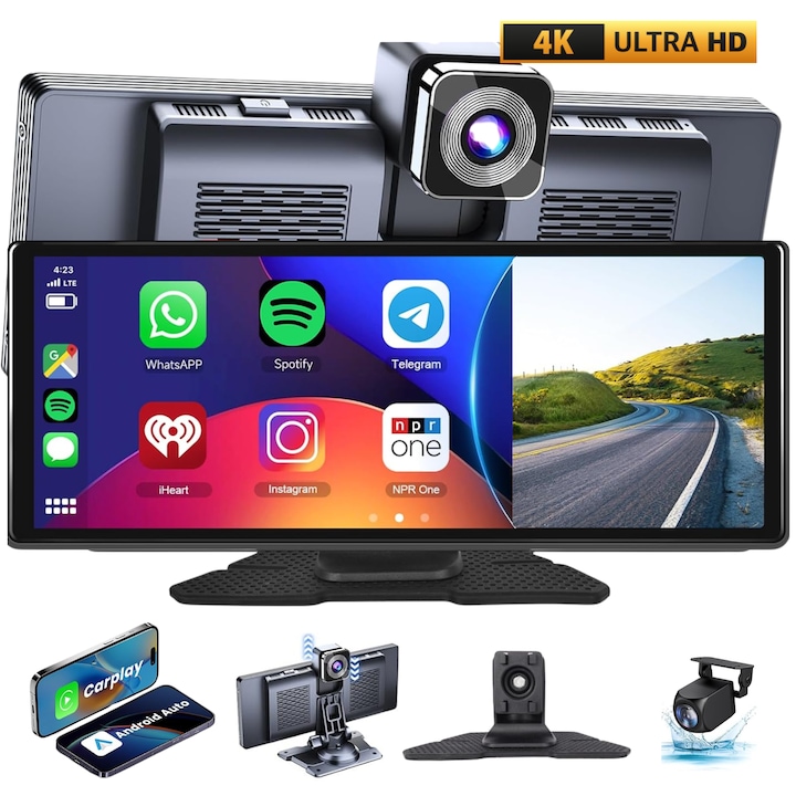 Navigatie Auto Universala Evolve-x®, Display 10.27 inch, pentru Apple Carplay si Android Auto wireless, Camera frontala si Camera marsarier inclusa, Bluetooth, Touchscreen, Screen Mirroring, negru