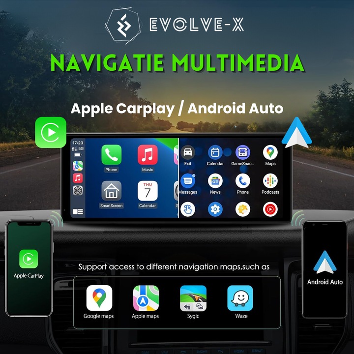 Navigatie Auto Multimedia Evolve-x®, Display 10.27 inch, Apple Carplay si Android Auto wireless, Camera frontala si Camera marsarier inclusa, Bluetooth, Touchscreen, negru