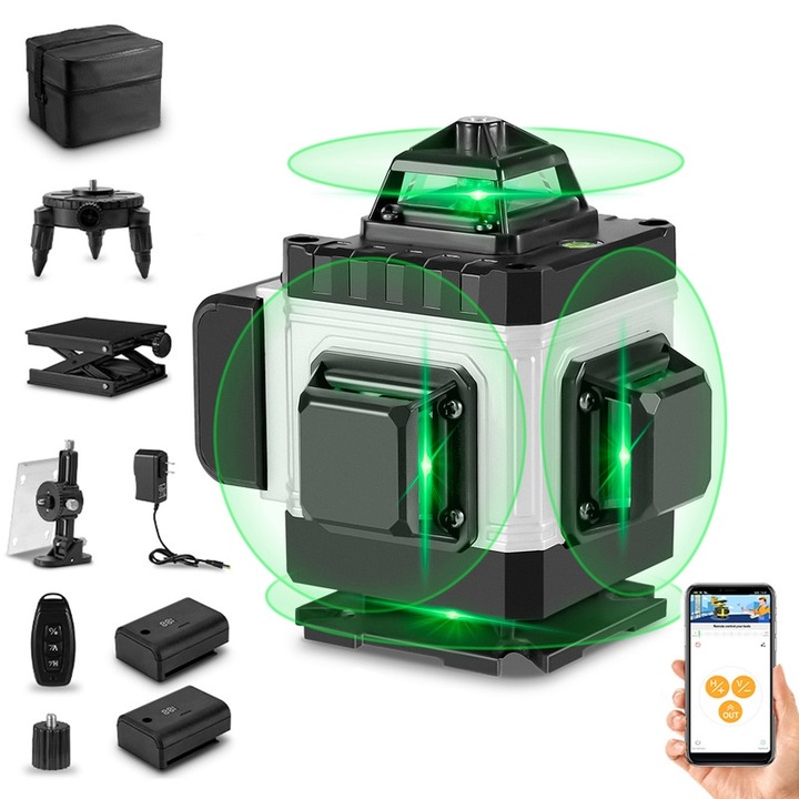 Лазерен нивелир HGLINE 4D, 16 линии, самонивелиращ се, дистанционно управление, сребрист и черен, 25м