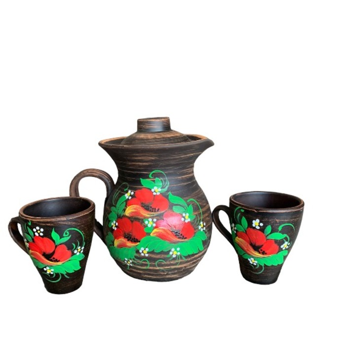 Set Ulcior cu Capac Angob Lut rosu 1.7 L + 2 Cani 220 ml, Model Floral