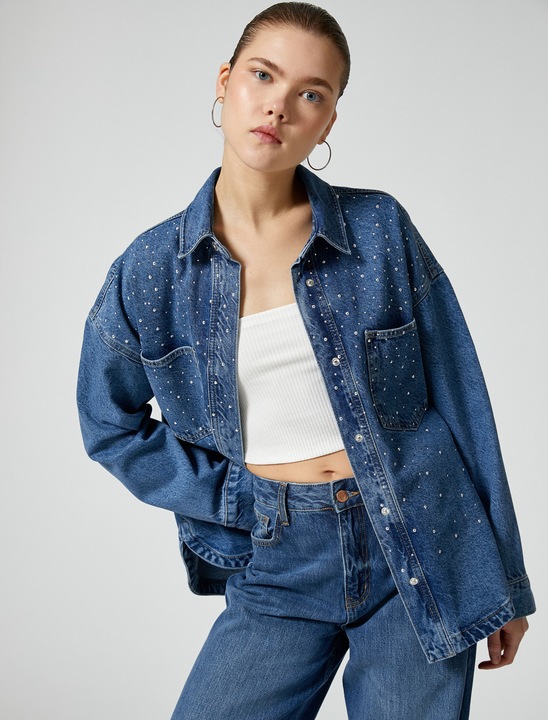 KOTON, Jacheta-camasa din denim cu buzunare aplicate, Violet indigo, L