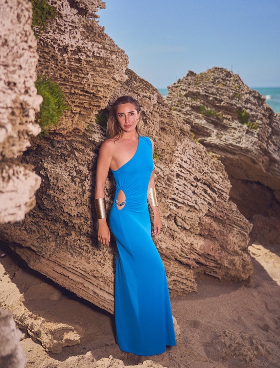 KOTON, Rochie cu decolteu pe un umar si decupaj lateral, Albastru, XS