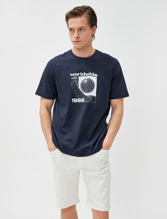 KOTON, Tricou cu decolteu la baza gatului si imprimeu grafic, Bleumarin, L