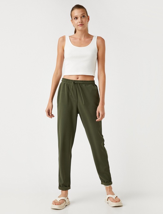 KOTON, Pantaloni cu talie inalta si snur in talie 170119, Kaki, M