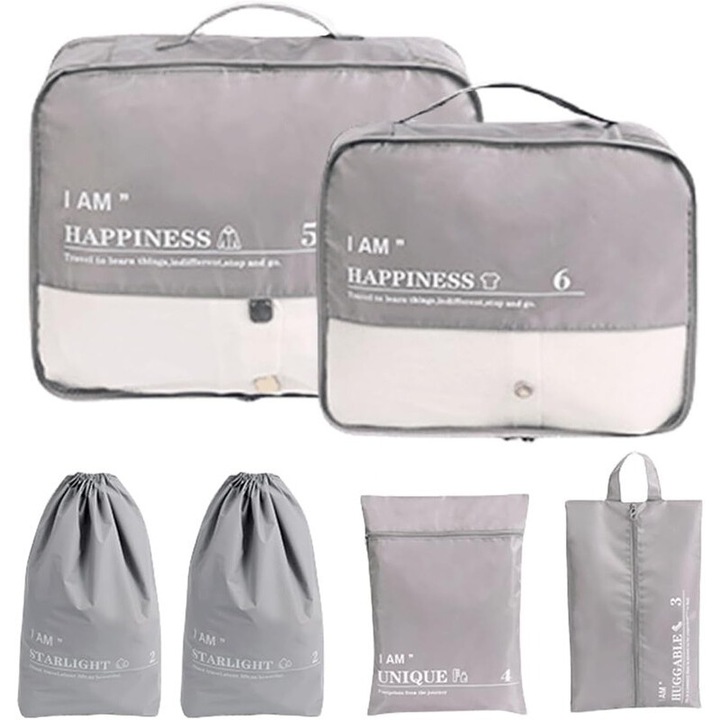 Set de 6 Cutii Organizatoare pentru Voiaj, Poliester, Multifunctionale, Gri