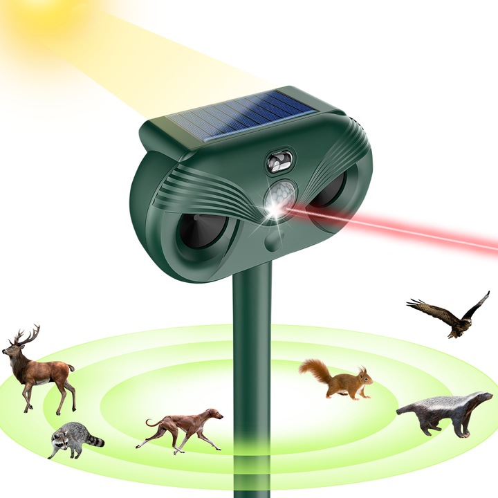 Anti-Animal Ultrasonic Device, XINXU, dupla napelemes töltés/USB-C kábel, Vízálló IP54, 120⁰ szöglefedettség, madarak, galambok, varjak, seregélyek, sirályok riasztására, Változtatható frekvencia 13,5-55,5 kHz, Zöld