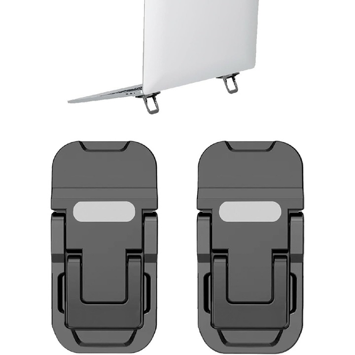 Suport Laptop Pliabil, Portabil, Fixare Adeziva, Metalic, Doua Unghiuri de Ajustare, Zinc Aliaj, 6x3x1cm, Negru