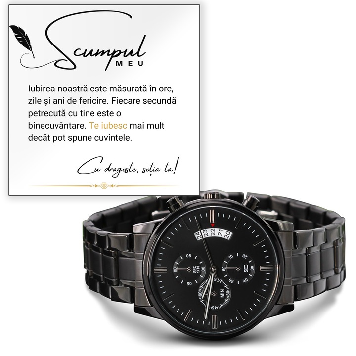 Set Cadou Pentru Sot, Joystos, Ceas Cronograf Negru Elegant din Otel Inoxidabil cu Cadran de Cupru, Rezistent la Apa, si Card Cu Mesaj ”Scumpul meu. Iubirea noastra este masurata in ore.” Cutie de Ceas Inclusa