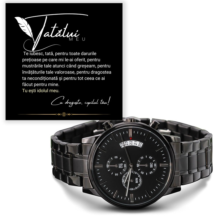 Ceas Cronograf Negru din Otel Inoxidabil cu Cadran de Cupru, Joystos, Rezistent la Apa, Cutie Inclusa
