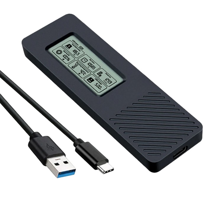 Външен SSD шкаф за M.2 NVMe, USB-C конектор, 10Gbps скорост, алуминиев материал, USB 3.2 Gen 2 интерфейс, LCD екран, поддръжка за M.2 PCIe SSD, Plug & Play, черен
