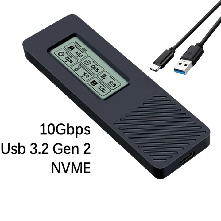 Carcasa Rack Externa SSD pentru M.2 NVMe, Conector USB-C, Viteza 10Gbps, Material Aluminiu, Interfata USB 3.2 Gen 2, Ecran LCD, Suport pentru SSD-uri M.2 PCIe, Plug & Play, Negru