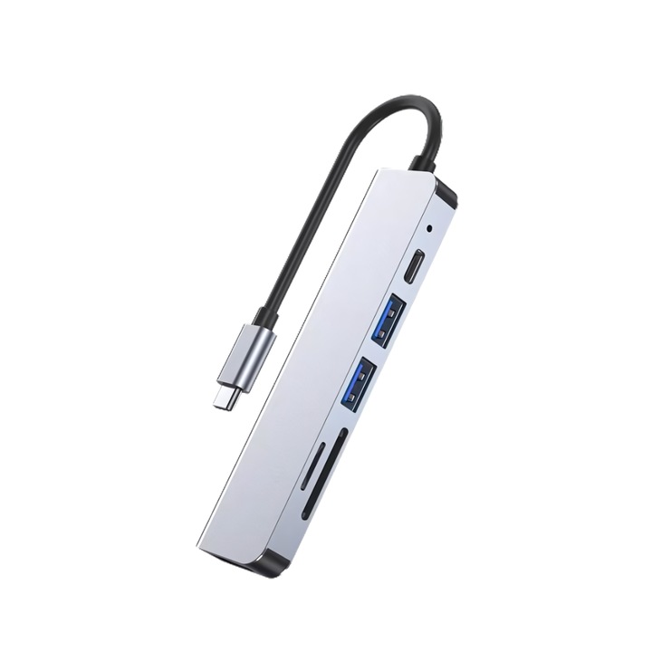 Hub USB-C 6 in 1, PD 100W, HDMI 4K 30Hz, USB 3.0, USB 2.0, Cititor Card SD/MicroSD, Argintiu