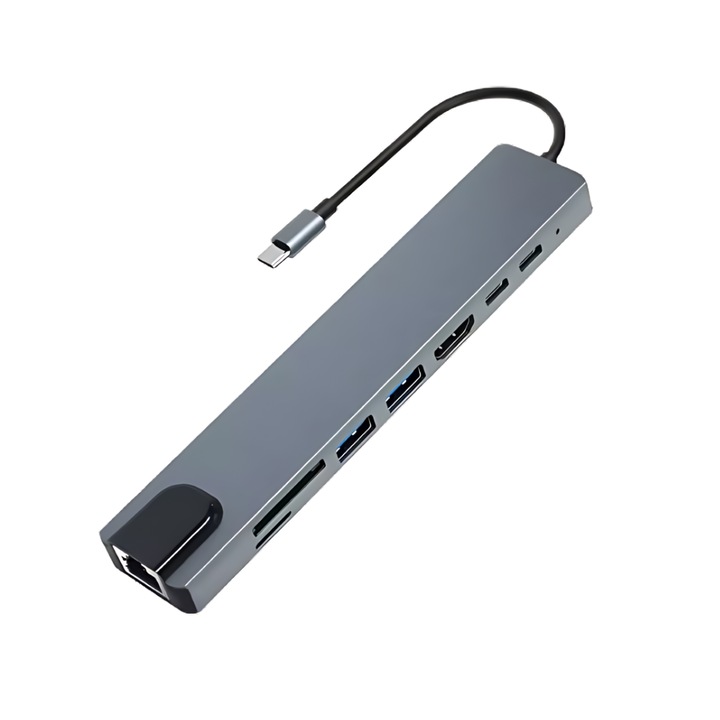 Hub USB-C 8 in 1, PD 100W, Ethernet, HDMI 4K 30Hz, USB 3.0, USB 2.0, Cititor Card SD/MicroSD, Gri