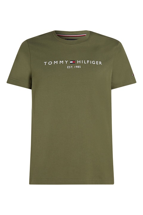 Tommy Hilfiger, Tricou din bumbac cu broderie logo, Alb/Kaki
